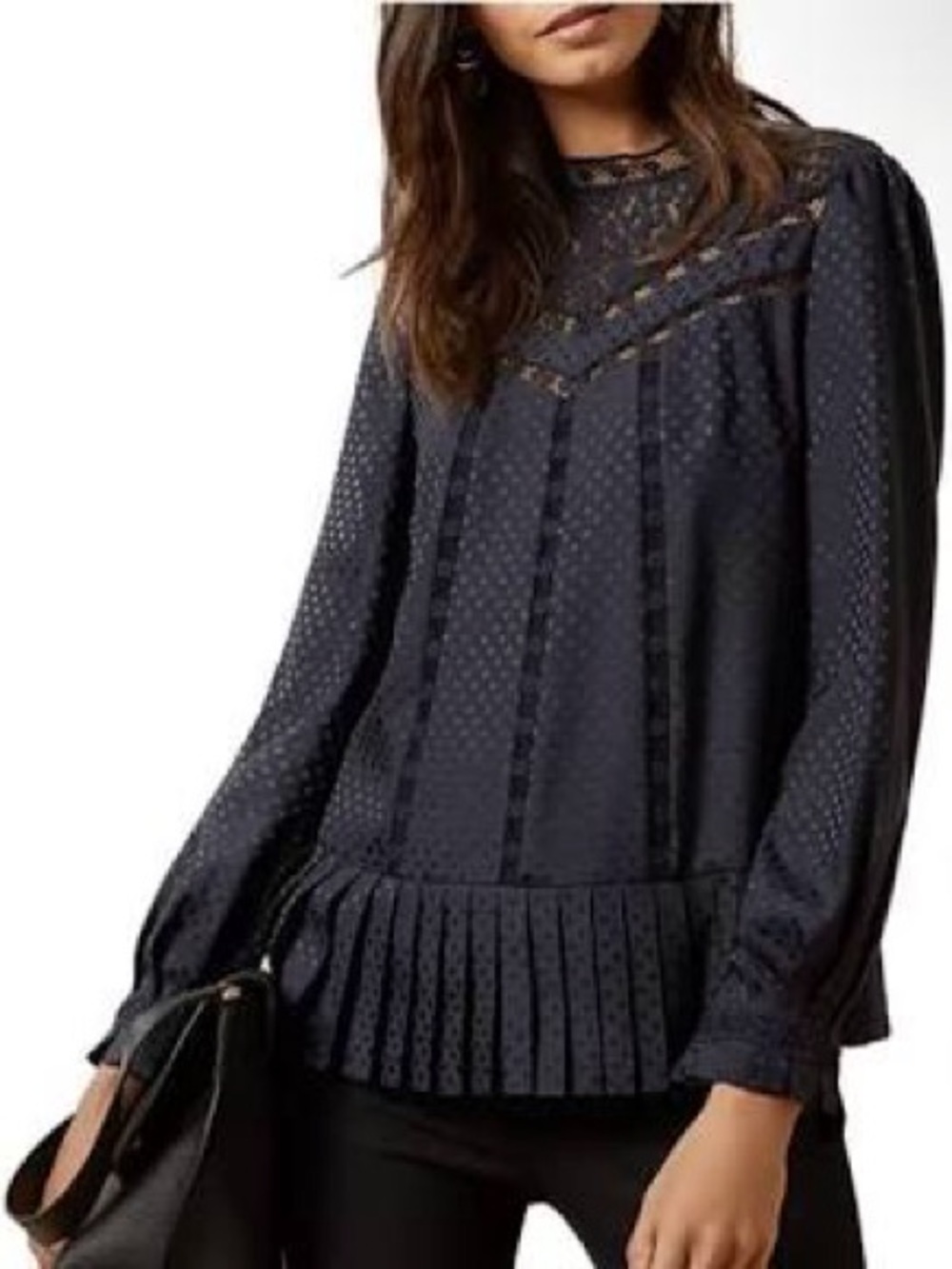 Ted Baker Shilli Animal Lace Inset Dot Blouse Navy Blue Swing Top Size 2 US 6